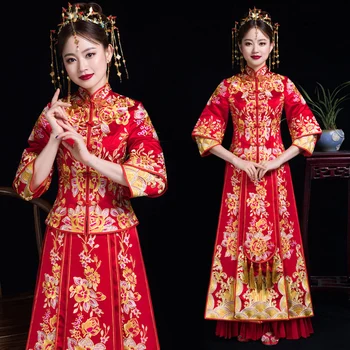 

Elegant Women Pleated Long Cheongsam Vintage Asian Bride Wedding Dress Chinese Overseas Marriage Suit Flower Embroidery Qipao