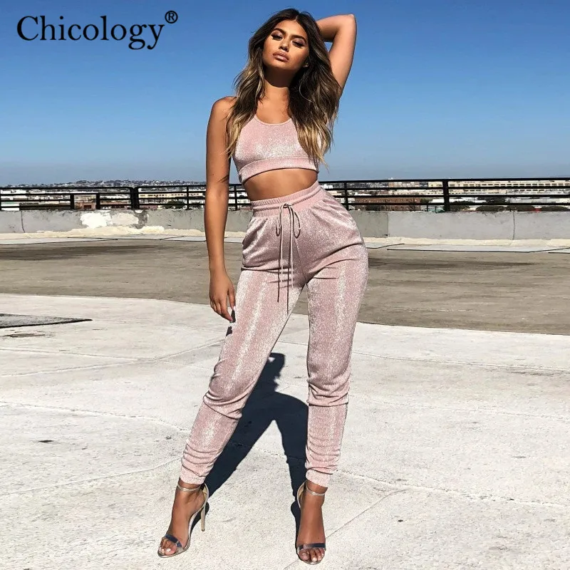Cena Chicology różowy brokat top typu crop tank długie spodnie 2 dwuczęściowy pasujący zestaw 2019 letnie kobiety strój festiwal ubrania klubowe