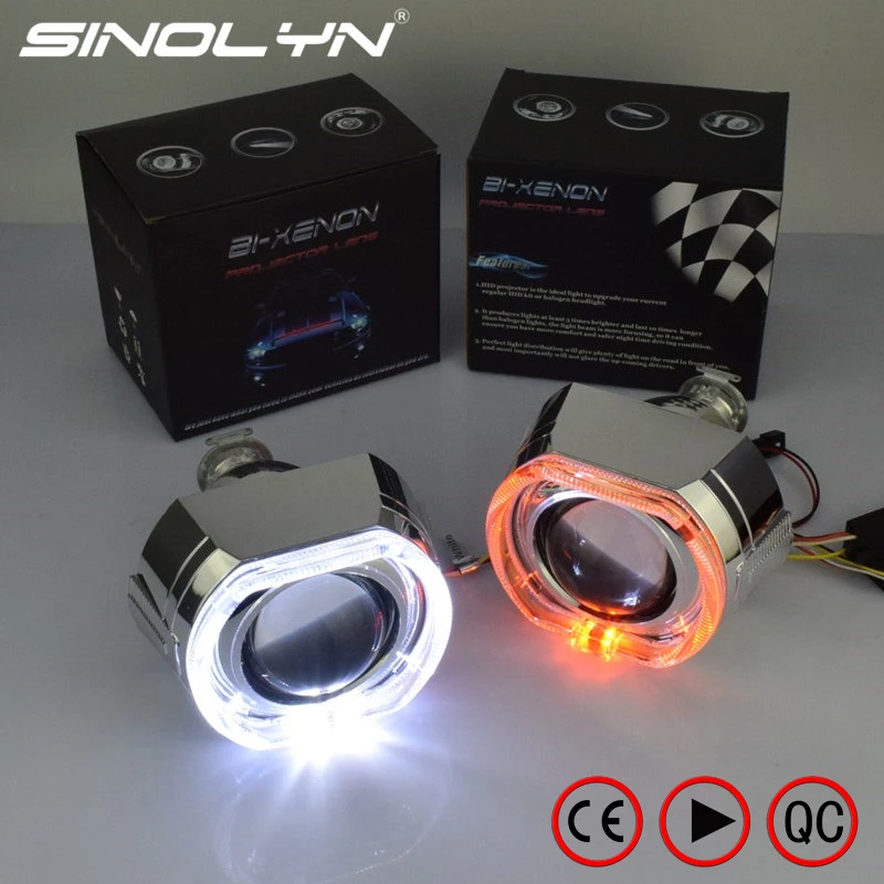 SINOLYN HID Bi xenon Lens Projector Headlight Kit With Square LED Angel