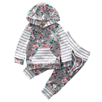 

2017 New Autumn Newborn Baby Girls Clothes Set Floral Tops Hoodie Striped Long Pants Harem Outfits Set Children Clothing Costume