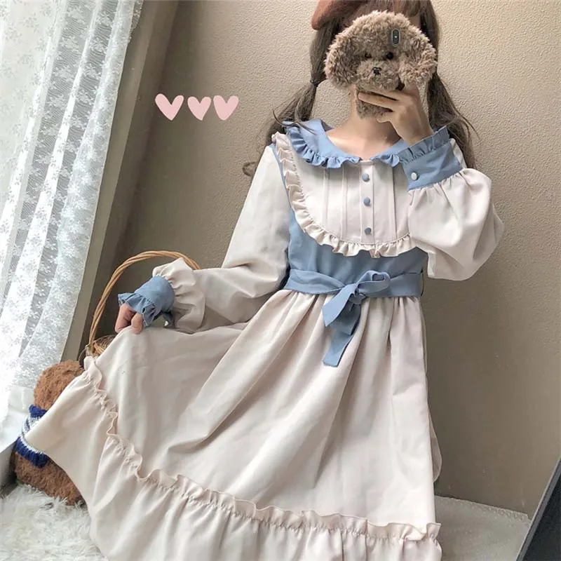 

Peter Pan Collar Bandage Long Sleeve Women Short Dress Japanese Lolita Kawaii Ruffles High Waist Princess Dresses for Teen Girl