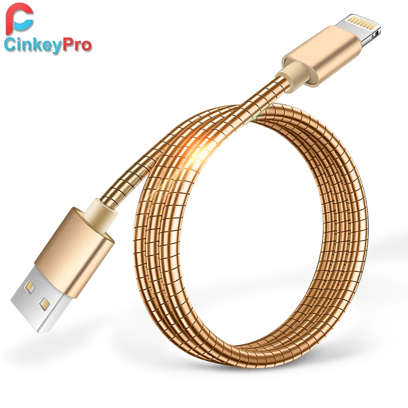  USB Cable For iPhone 7 6 5 iPad Universal Charger Metal Spring Cables Mobile Phone 1M Data Charging CinkeyPro 