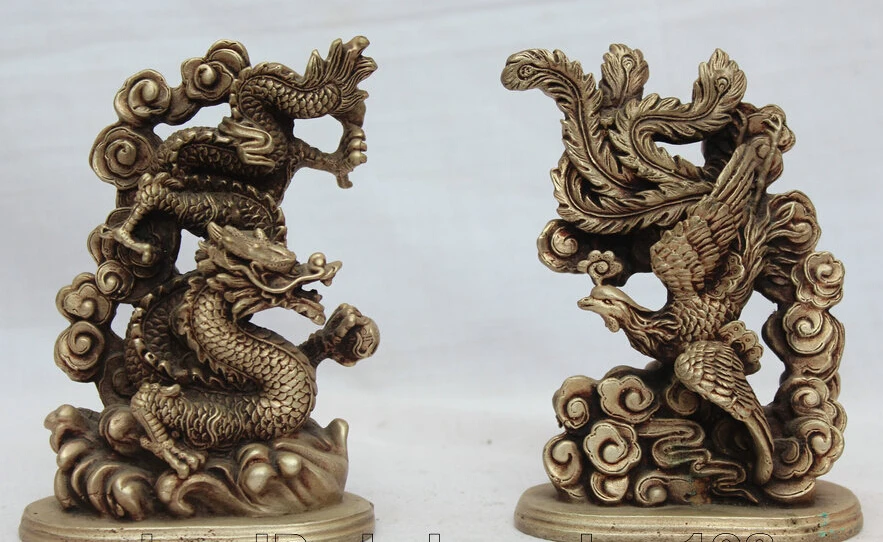 

6" China Chinese Fengshui Silver animal Zodiac Year Dragon Bead phoenix Statue R0710
