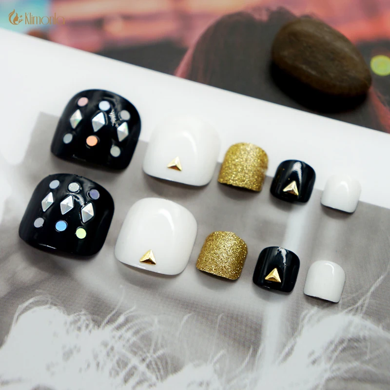 

24 pcs Pre-design False Toe Nails with Rhinestone Rivet Colorful Fashion Artificial Toenails Pedicure Set with Glue Nail Beauty