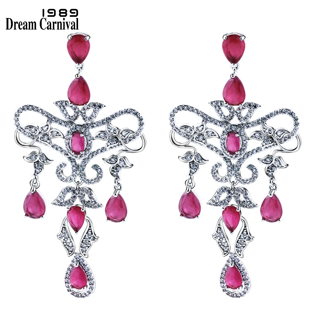 

DreamCarnival 1989 Vintage Flower Tear Drop Earrings for Women Red and White CZ Crystals Rhodium Color Jewelry Bijouterie E7001