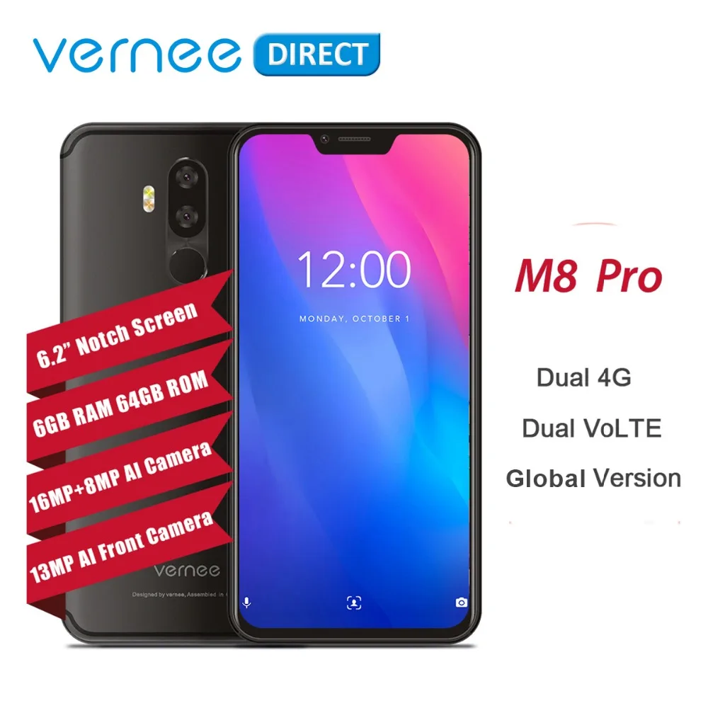 Vernee M8 Pro 6," Нотч Экран 6 ГБ Оперативная память 6 4G B Смартфон Android 8,1 двойной 4G AI двойной Камера беспроводной Быстрая зарядка сотового телефона