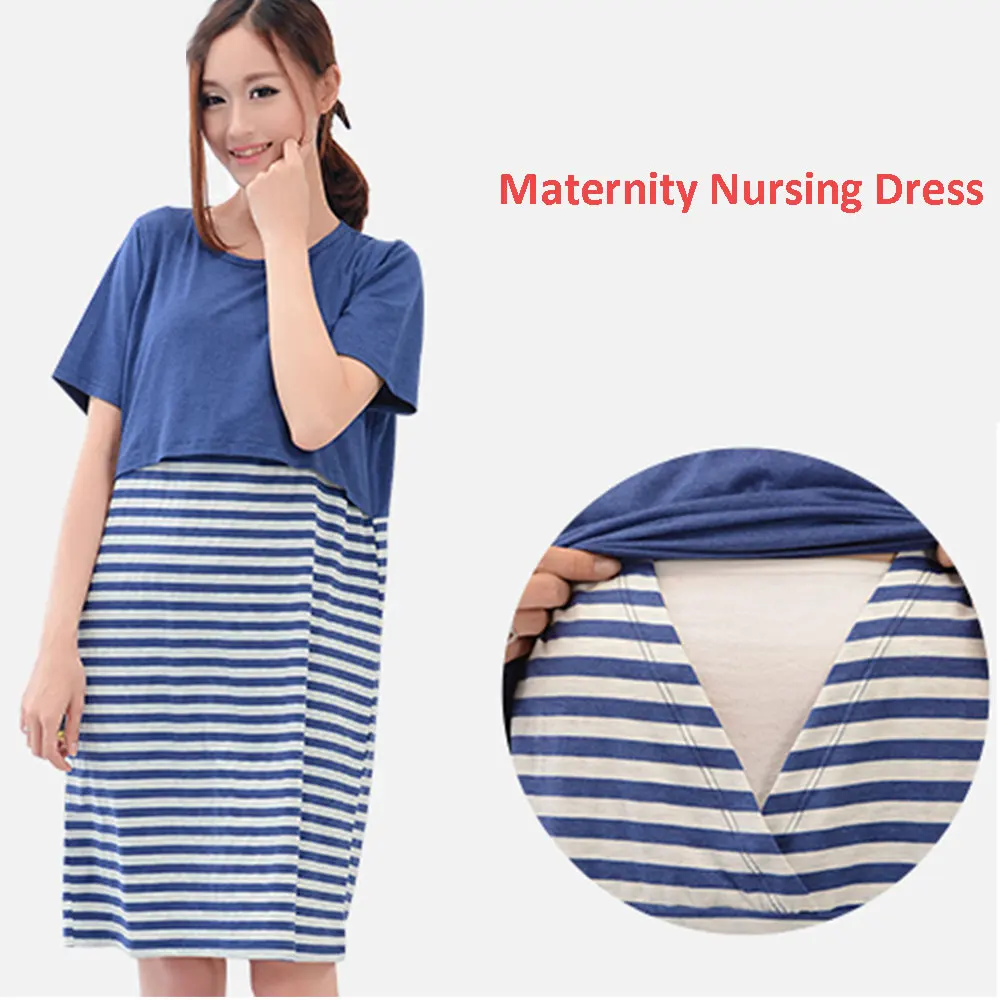 

Maternity Nursing Dress for Pregnant Women Dresses Cotton Striped Breastfeeding Clothing Mother Home Clothes Vestido Maternal