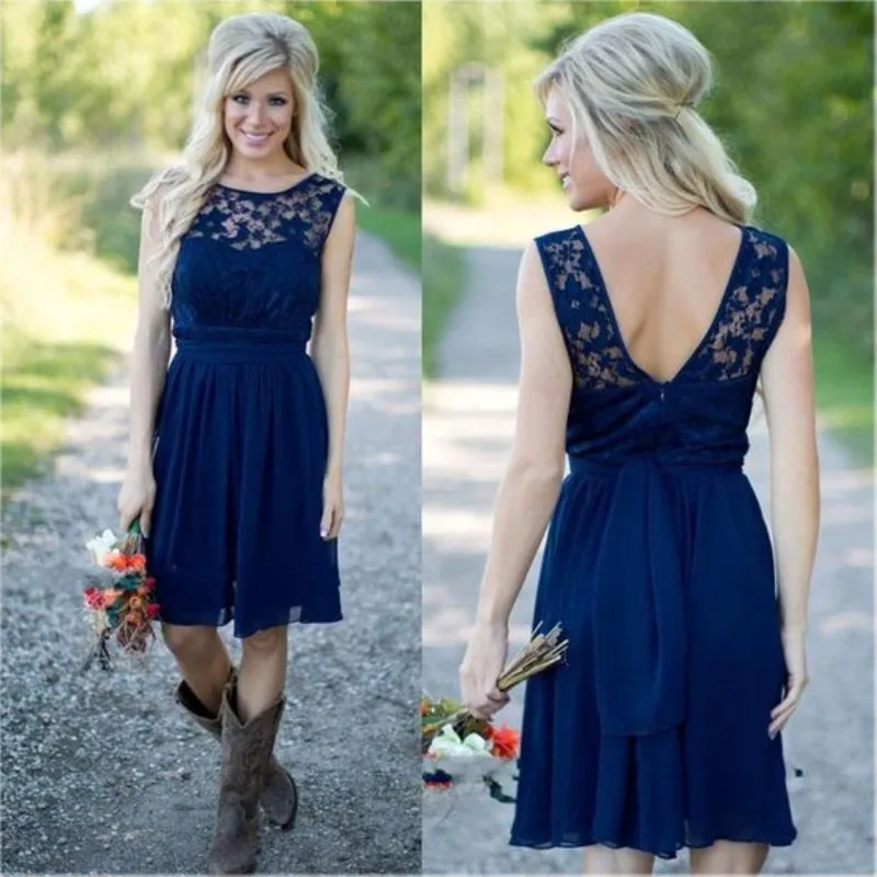Dark Blue Country Bridesmaid Dresses Knee Length Lace Chiffon Maid of