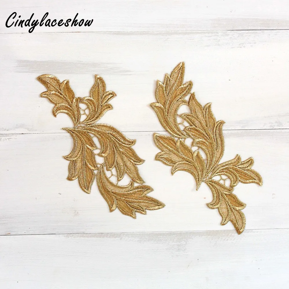 

1 Mirror Pair Vintage Leaves Gold Patches Sew On Venise Lace Applique Wedding Dress Garment DIY Sewing Lace Motifs Accessories