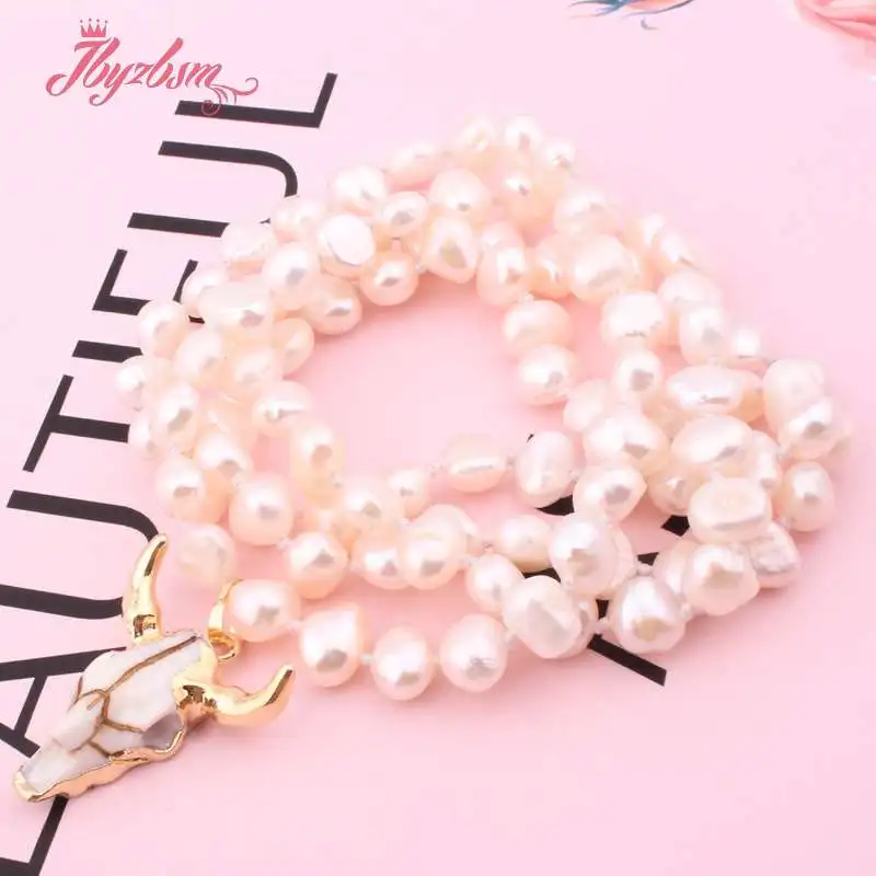 

5-7mm Freeform White Pearl Natural Stone Beads Knotted Bohemian Tribal Horn Pendant Jewelry Necklace For Woman Christmas 25"
