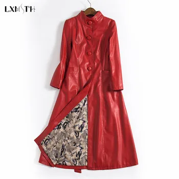 

LXMSTH M-5XL Autumn Winter X-Long Leather Coat Women Fashion Belted Slim Ladies Leather Jackets Woman Trench Coats Plus Size