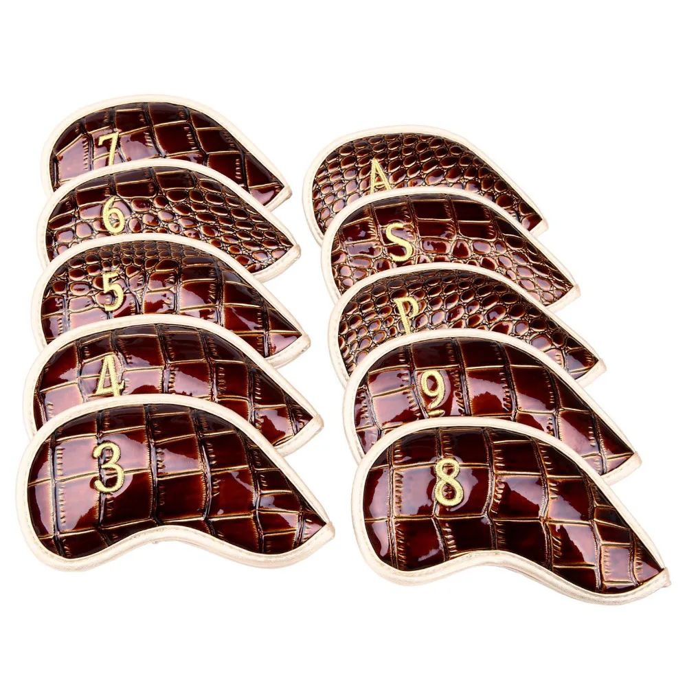 10Pcs Golf Iron Club head Covers Set Brown Alligator Leather Iron