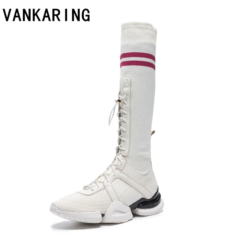 

VANKARING High quality genuine leather+stretch wool elastic boots winter snow shoes women boots ladies knee high boots wedges