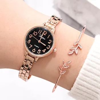 

Women Quartz Watch Bracelet Set with Alloy Band Leaves Open Cuff Bracelet IK88