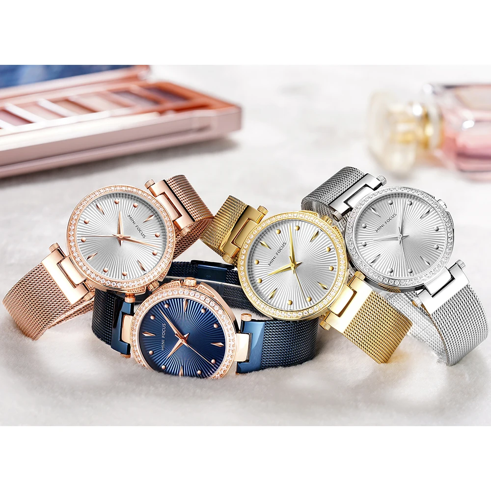 MINI FOCUS Women's Quartz Watches 3 Bar Waterproof Wrist Watch for Woman Lady Relogios Femininos Clock Blue Mesh Band MF0194L.01