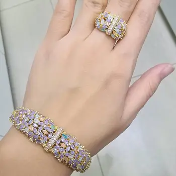 

Newness Delicate Shiny Full Zircon Flowers AAA Cubic Zirconia Copper Party Wedding Saudi Arabic Dubai Bangle Ring Set