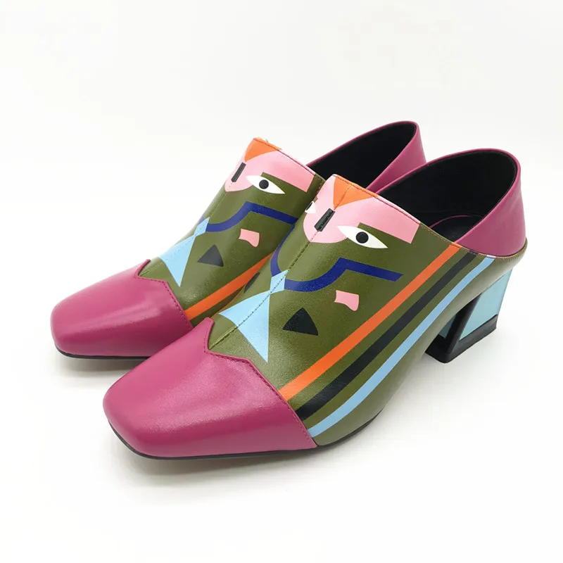 Mcacchi/; женская обувь; обувь на не сужающемся книзу высоком массивном каблуке; Разноцветные Туфли-гладиаторы с принтом; Повседневная обувь из натуральной кожи с квадратным носком; Новинка - Color: Pink