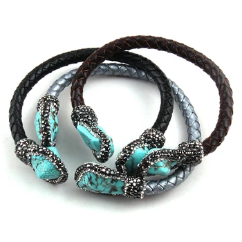 

Fashion Handmade Paved Blue & White Stong Leather Cuff Bracelets & Bangles