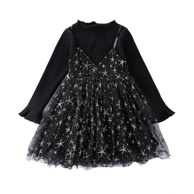 

black knit star pattern shine princess costume 4-12 yrs baby girls party frocks 2019 new spring autumn elegant long sleeve dress