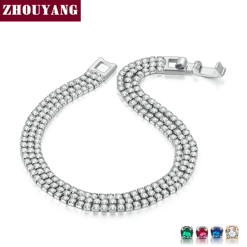 

ZHOUYANG Bracelet For Women Luxury Three In One Row Multicolor CZ Crystal Yellow Gold Silver Color Gift Fashion Jewelry KC116