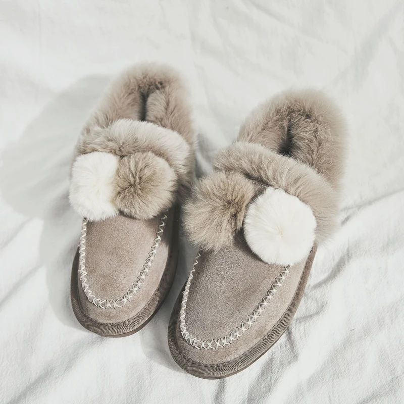 SWYIVY Luxury Rabbit Fur Snow Boots Woman Loafers 2018 Winter New Female Warm Cotton Padded Shoes Ball Velvet Bread Snow Boots