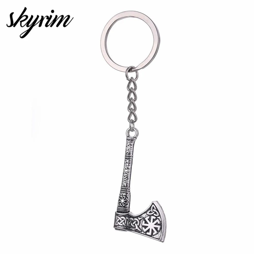 

Skyrim Viking Symbol Jewelry Sun Wheel key chain Axe Thor Hammer Charm Slavic Wicca Talisman Pendant keychains For Men Keys Gift