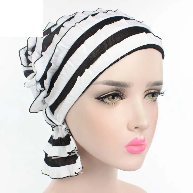 

New Female Simple Cute Turban Cap Wrinkle Muslim Ruffle Chiffon Tripe Scarf Chemotherapy Hat Beanies Headwear for Women F0242