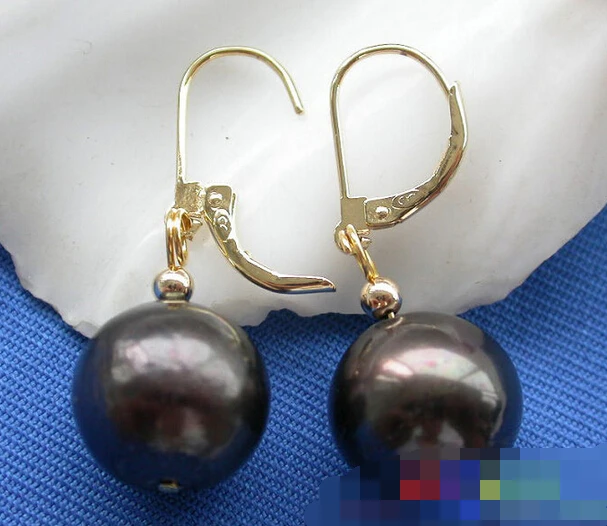 

hot sell new - free shipping 12274 round Tahitian black FRESHWATER PEARL DANGLE EARRING