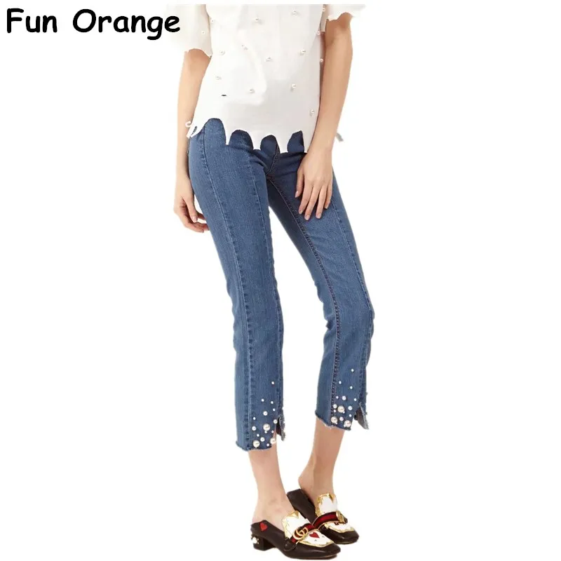 Весело оранжевый Для женщин Разделение Front Denim Flare Джинсы для с жемчугом модные