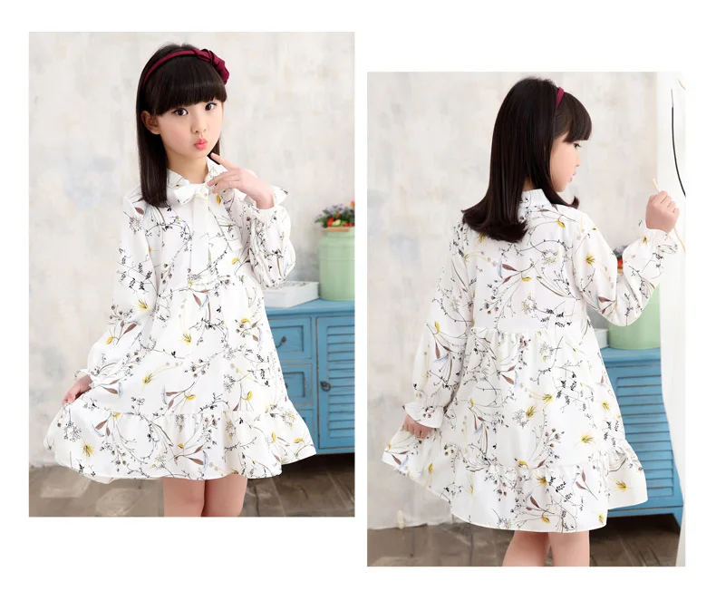 Girl Summer Dress Long Sleeve Children Clothes Floral Dresses  3 5 8 10 12 Years Girl Vestidos Enfant Yellow White Korean Dress skirt for baby girl