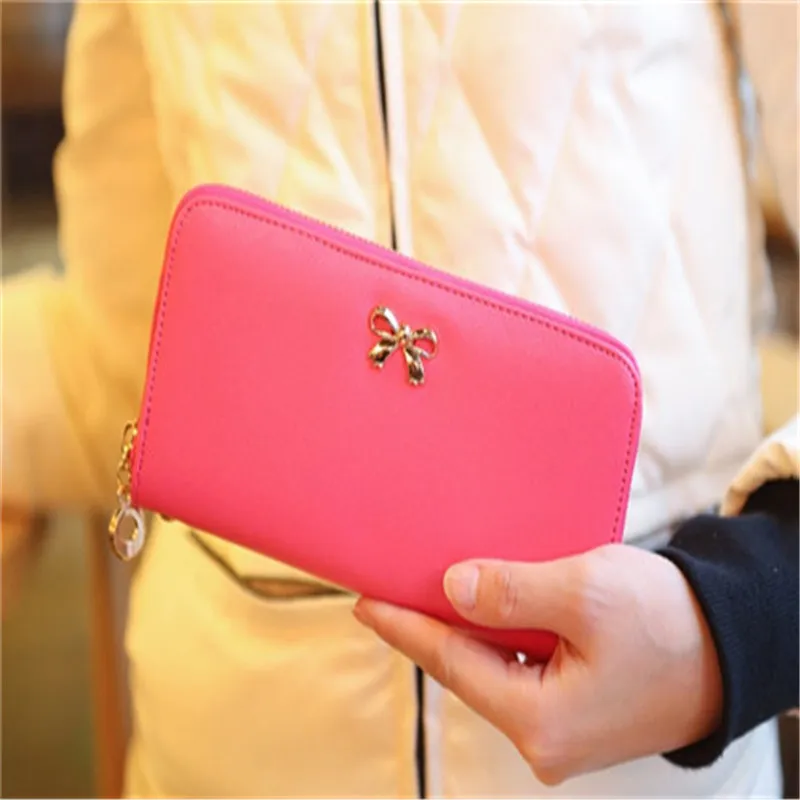 

High Quality Solid Color Zipper Bowknot Women Ladies Long Wallets Clutch Bag Phone Coin Purses 7869