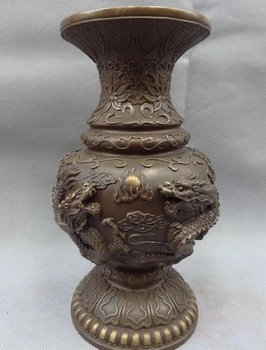 

song voge gem S2779 10" Chinese Pure Bronze Dynasty Myth Fly Dragon Ball Statue Flower Vase Pot
