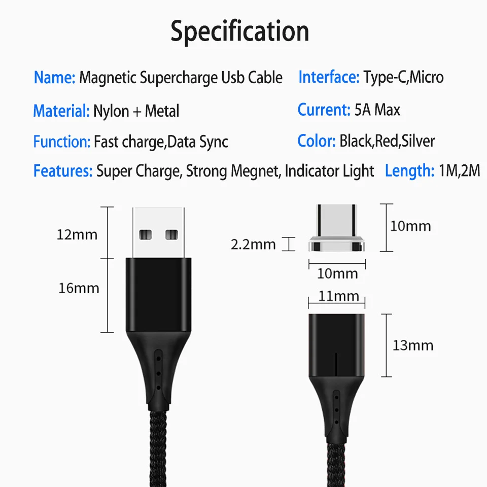 Магнитный Usb кабель 2 м светодиодный Micro Type C для быстрой зарядки Samsung Galaxy S9 S10 A7 J4 J6