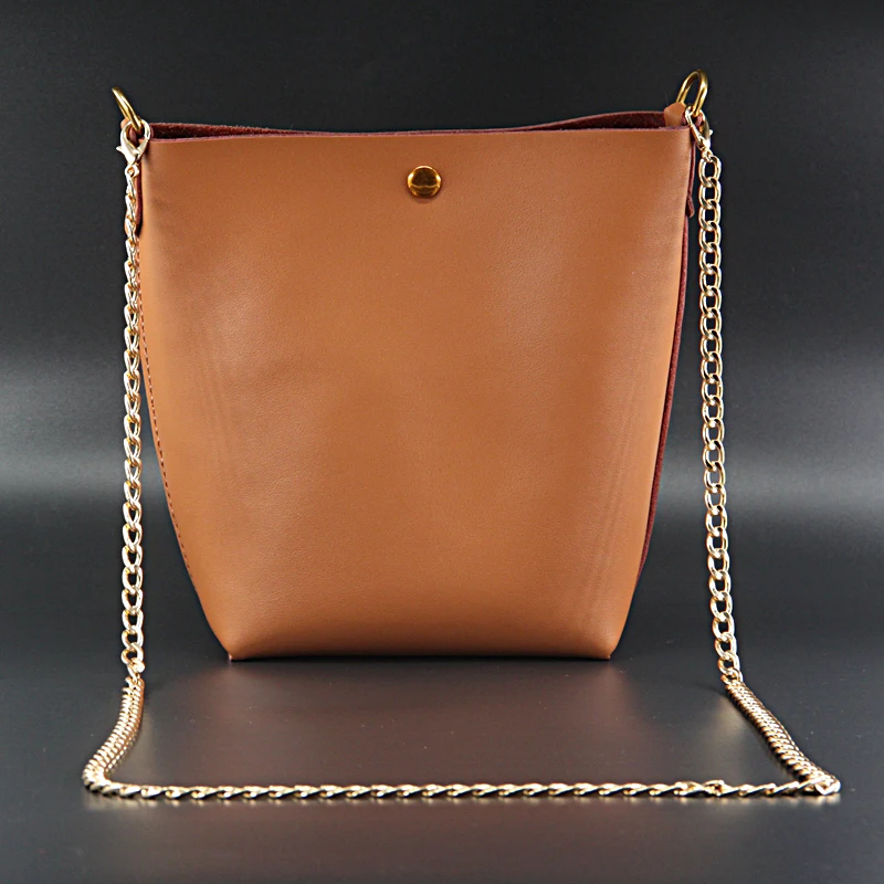 WOONAM Handmade Genuine Calf Leather Small Bucket Bag Gold Chain