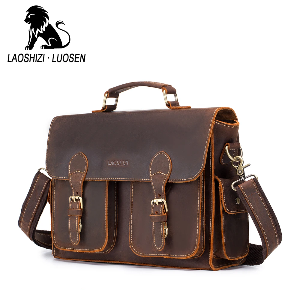 

LAOSHIZI LUOSEN Men's Briefcase Bag Genuine Leather Cowhide Messenger Bag Vintage Leather Pack Crossbody 91213