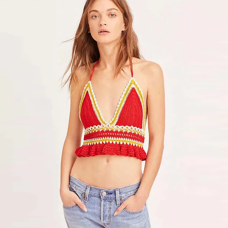 TEELYNN boho пляжная одежда камзол для женщин винтажный Красный вязаный Мини Топ