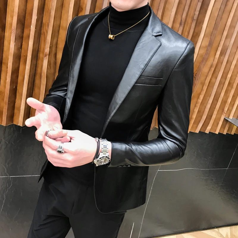 New Mens Leather Single button Formal Dress Suits Fashion Man Blazers Black Solid Motorcycle Coat Suede Jacket Male A236130