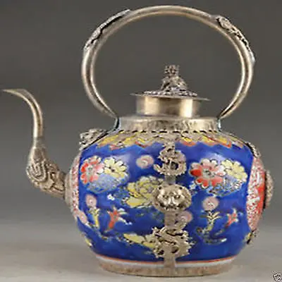 

Porcelain Copper Chinese Old Handwork Carving Lion Dragon Tea Pot Garden Decoration 100% real Tibetan Silver Brass