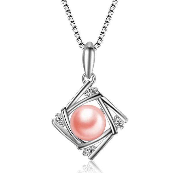 925 пробы, серебряное, полое, квадратное, циркониевое ожерелье для женщин, натуральный жемчуг, подвеска, модное ювелирное изделие - Цвет камня: Pink And Chain