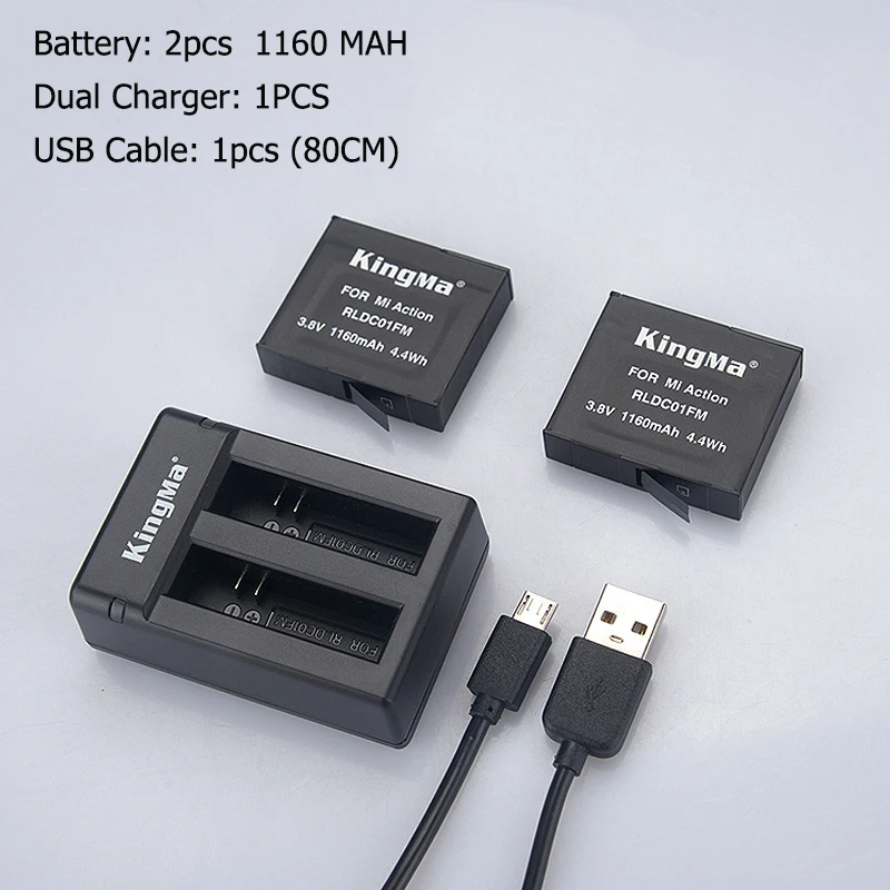 KingMa For 2pcs Xiaomi mijia 4k Battery +Dual Batteries Charger For Sport Xiao mi Mi Jia Action Mini Camera Battery Accessories