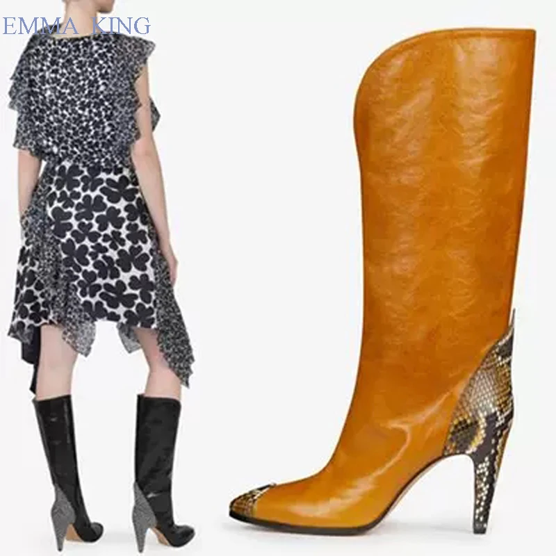 

Sexy Ladies Patchwork Long Boots Snakeskin Leather Pointed Toe Mid-calf Boots Women Spike Heels Spring Autumn Zapatos De Mujer