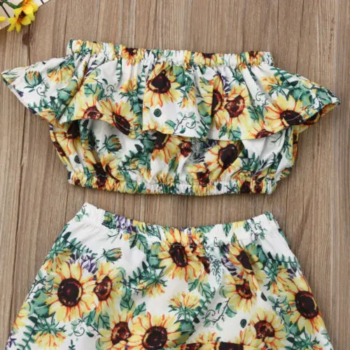New Summer Fashion Toddler Kids Baby Girl Sunflower Outfits Set Ruffle Crop Top Skirt Sunsuit Clothes Set 1-6T