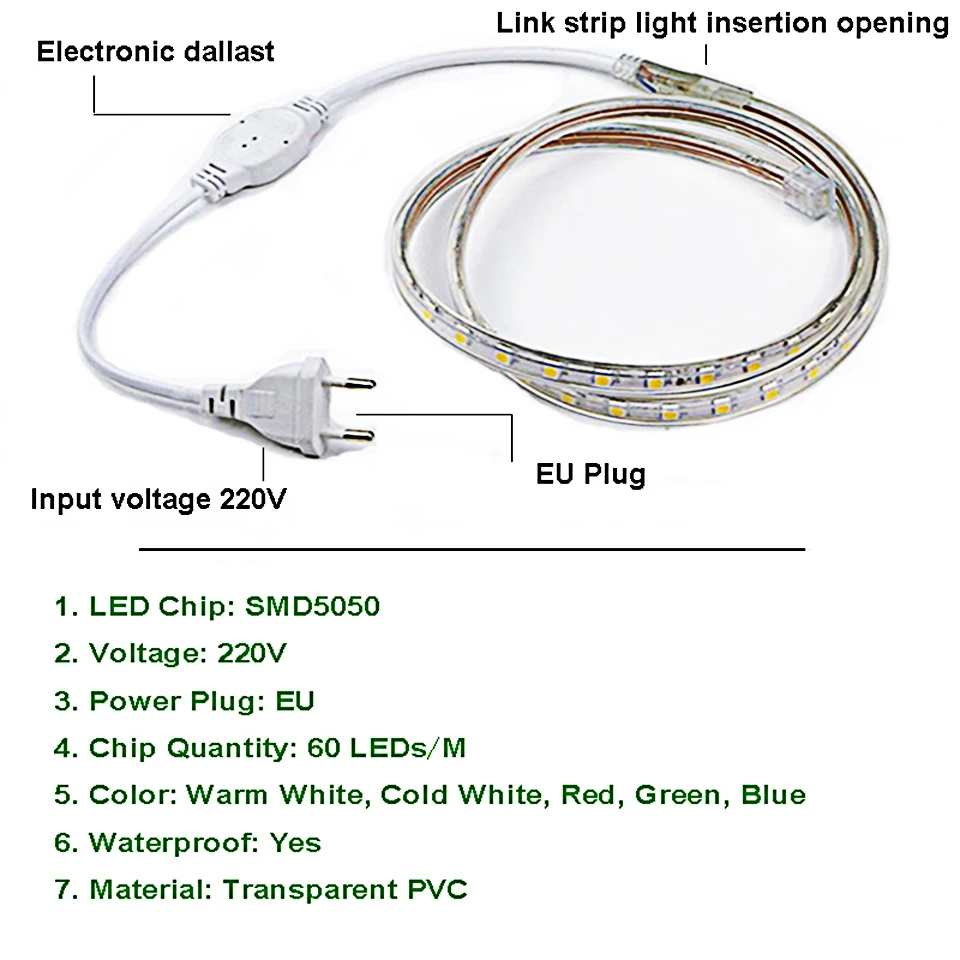 Светодиодные ленты Waterpoof SMD 5050 AC 220 В Светодиодные ленты Гибкие огни 60 светодио дный s/m светодио дный ленты 1 м/2 м/3 м/4 м/5 м/6 м/7 м/8 м /9 м/10 м