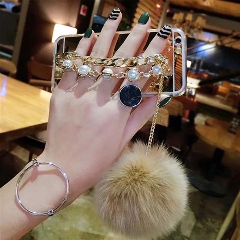 

1Pcs Fluffy Fur Ball Diamond Rhinestone Bracelet Mirror Phone Case For OPPO F1 F1s F3 R11 R11s Plus F5 F7 F9 R15 R17 Pro Find X