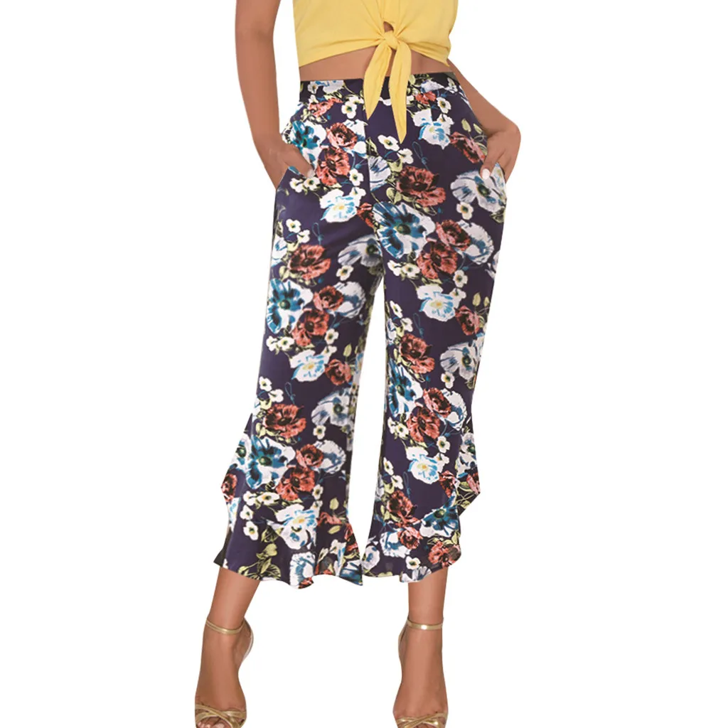 

Feitong Women Pants Summer Causal Print High Waist Stitching Wide Loose Length Wide Leg Pants Women Trousers Pantalon Femme