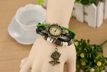 Top Brand Retro Bracelet Wrist Watch Ladies Multi Plyer Leather Band With Wooden Beads Rose Flower Charm Rhinestone Watch
