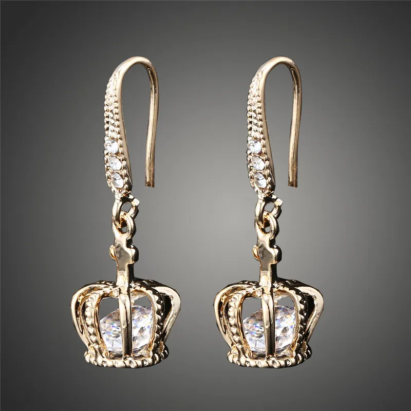 1 Pair Princess Crown Earrings for Women Noble Gold color Shiny Cubic