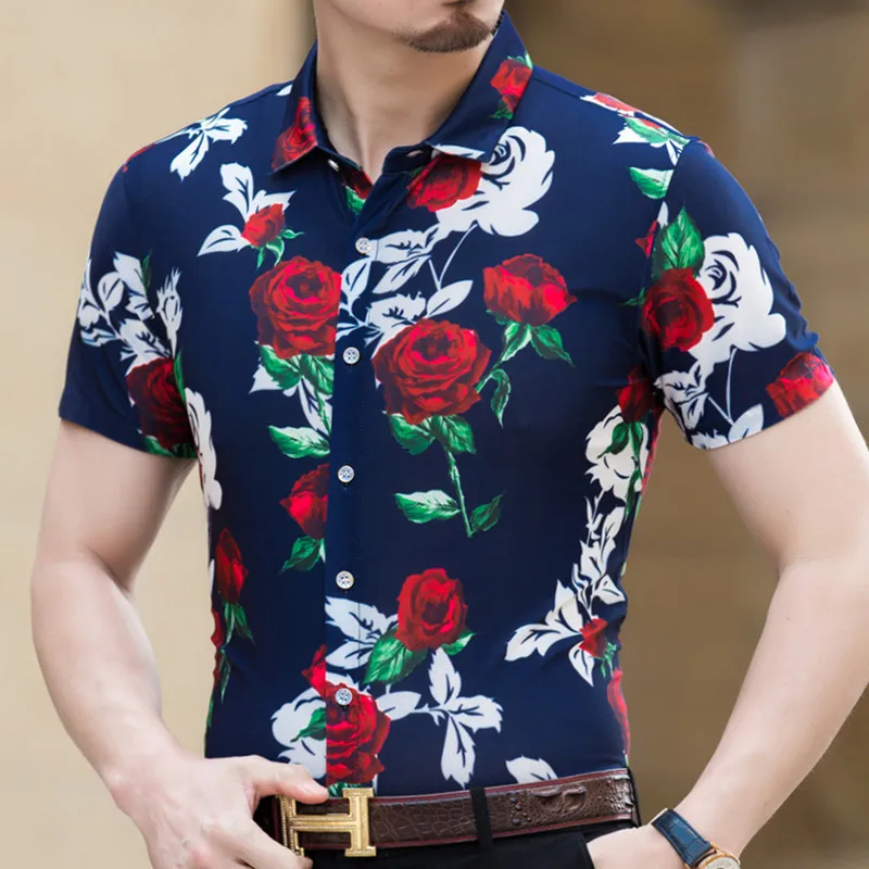 Мужская гавайская рубашка с коротким рукавом, мужская приталенная рубашка Camisa Masculina, летняя Гавайская Повседневная мужская рубашка с цветочным принтом - Цвет: 2 Asian size