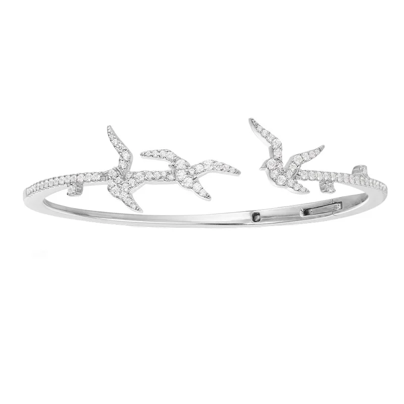 

New July New Solid 925 Sterling Silver Swallows Open Cuff Micro Cubic Zirconia Bangle Bracelet Women Brand Jewelry