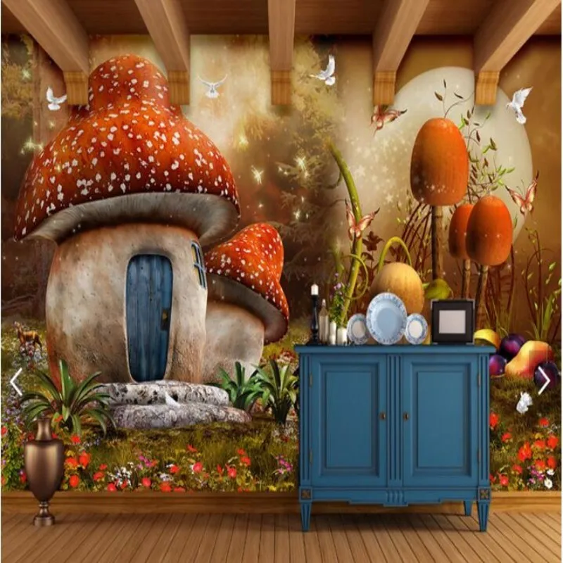 papel-de-parede-Custom-3D-wallpaper-cartoon-fairy-fantasy-mushroom-house-children-s-room-sofa-TV (4)